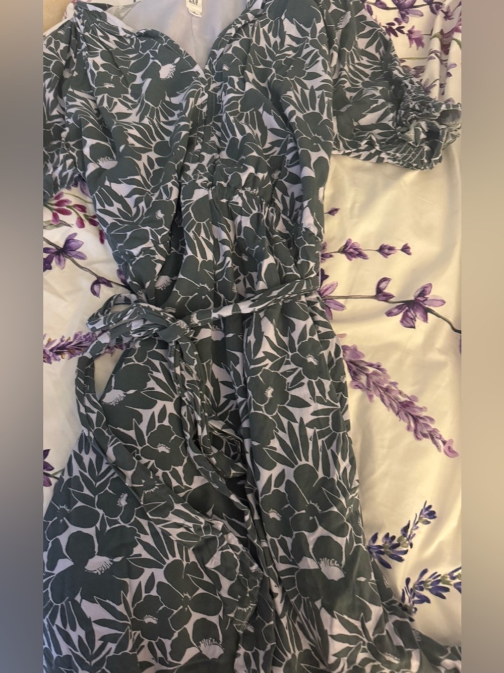 Floral Wrap Midi Dress in Green and White